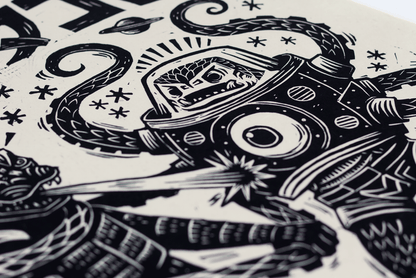 Godzilla vs. Takoro Linocut Poster
