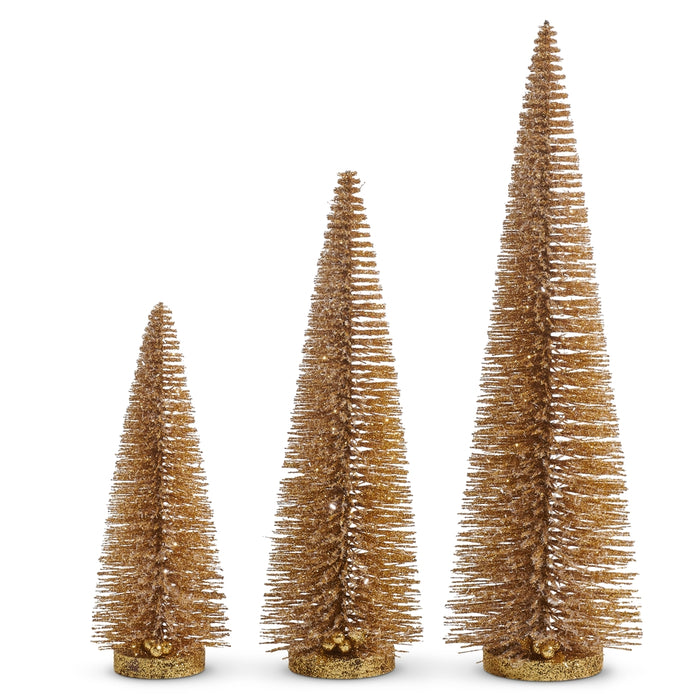 Three shimmering gold bottle brush trees in varying heights with sturdy, glittery bases for holiday decor.