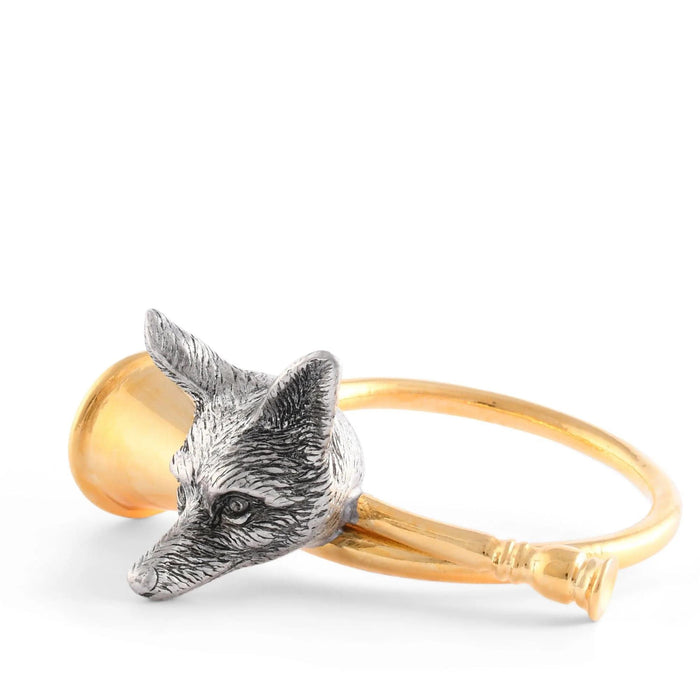 Pewter fox head napkin ring with a polished gold-tone hunting horn design on a white background.