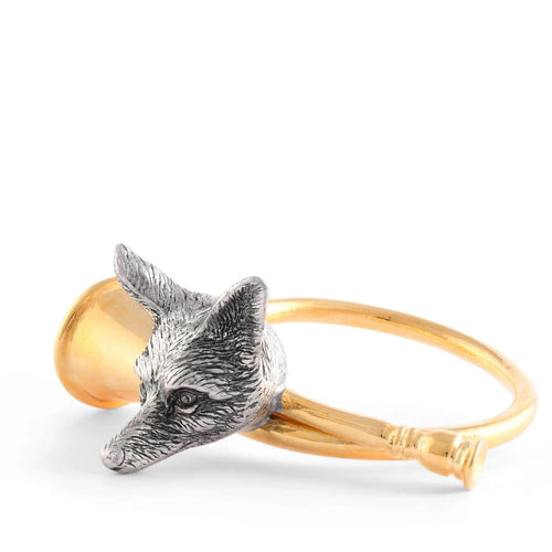 Pewter fox head napkin ring with a polished gold-tone hunting horn design on a white background.