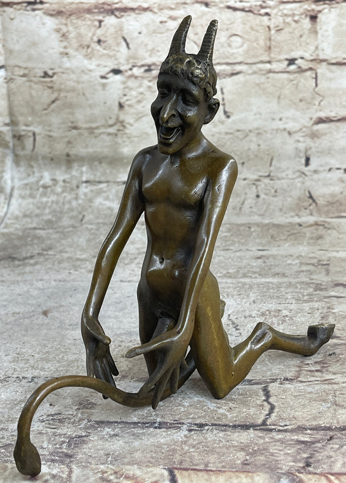 Greek Satyr Faun Demon Horny Devil Satan Bronze Sculpture Figure Figurine 7" x 6"