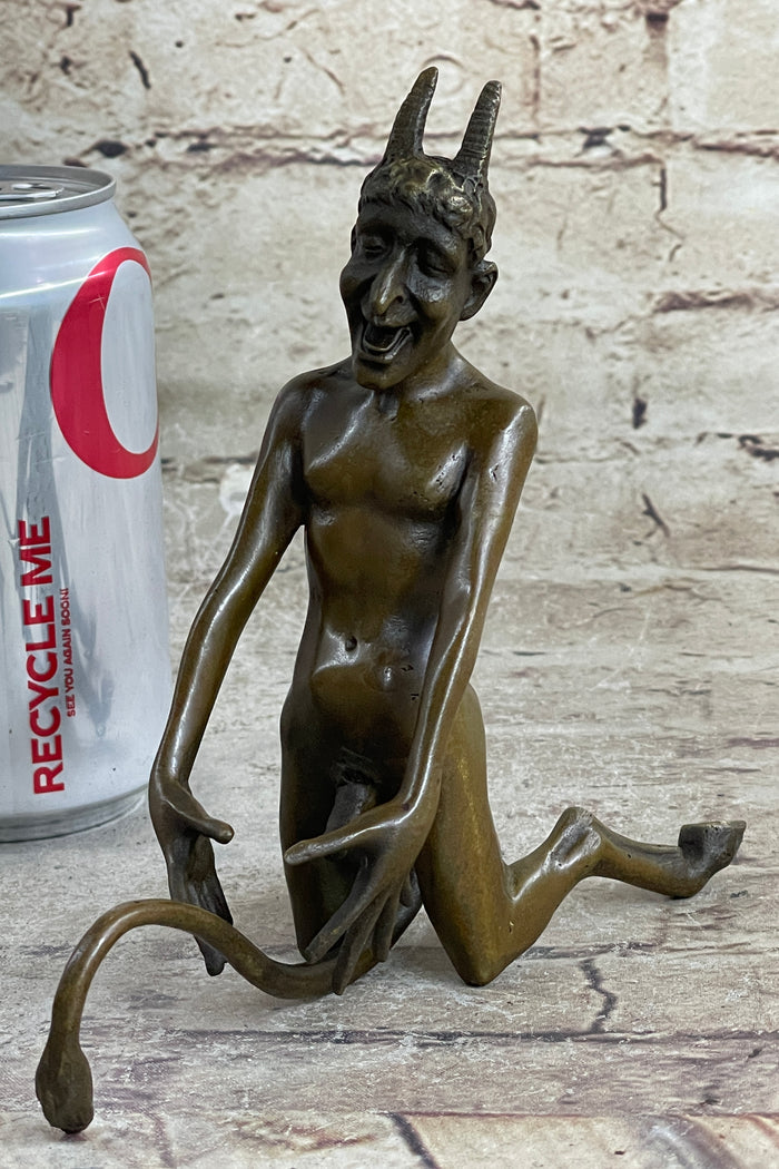 Greek Satyr Faun Demon Horny Devil Satan Bronze Sculpture Figure Figurine 7" x 6"
