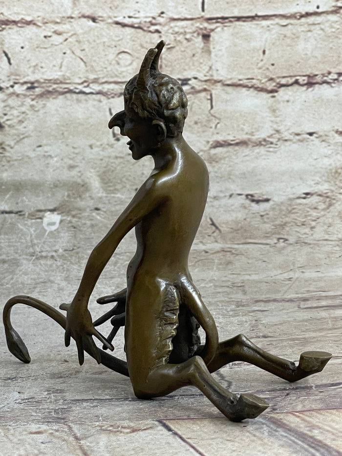 Greek Satyr Faun Demon Horny Devil Satan Bronze Sculpture Figure Figurine 7" x 6"