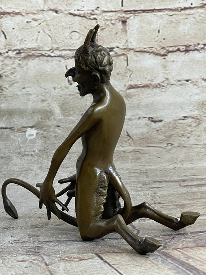 Greek Satyr Faun Demon Horny Devil Satan Bronze Sculpture Figure Figurine 7" x 6"