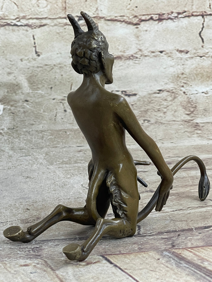 Greek Satyr Faun Demon Horny Devil Satan Bronze Sculpture Figure Figurine 7" x 6"
