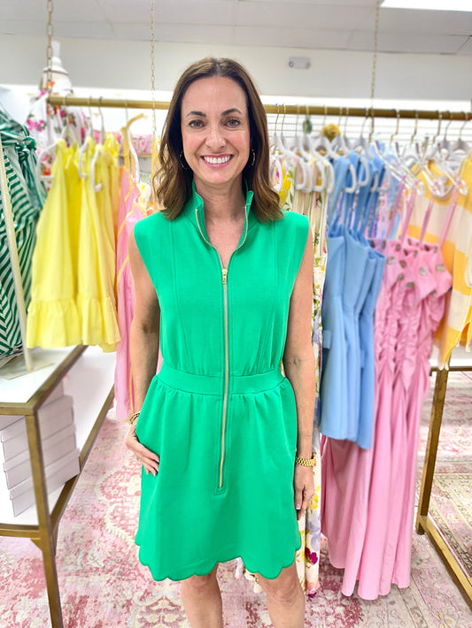 Green Sleeveless Scalloped Zip Up Dress