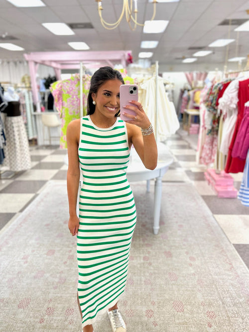 Green & White Stripe Tank Midi Dress