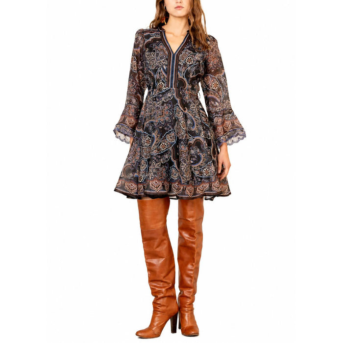 Hale Bob Artemis short dress with 3/4 sleeves, featuring a black paisley print and V-neckline in 100% polyester.