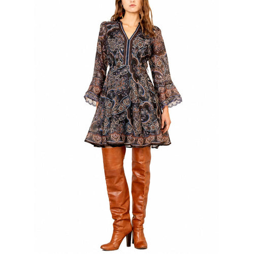 Hale Bob Artemis short dress with 3/4 sleeves, featuring a black paisley print and V-neckline in 100% polyester.