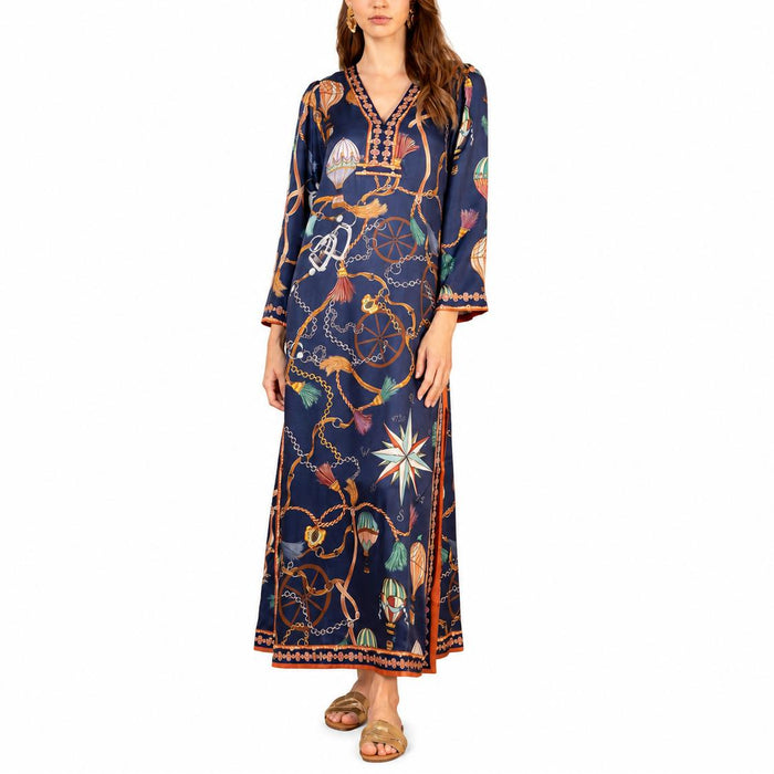 Hale Bob Valery long navy silk charmeuse dress featuring a vibrant nautical print, V-neckline, and elegant side slits.