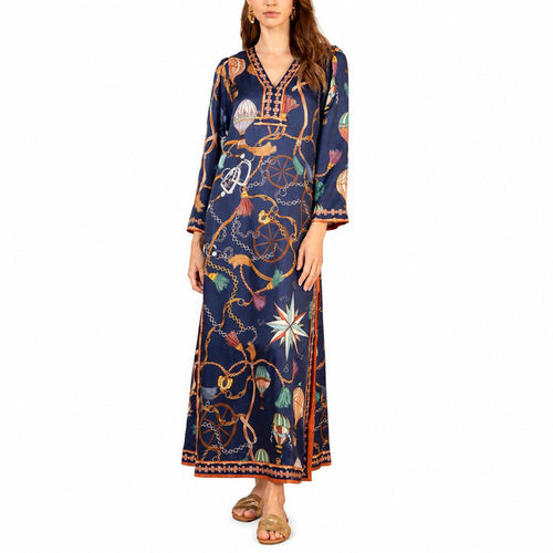 Hale Bob Valery long navy silk charmeuse dress featuring a vibrant nautical print, V-neckline, and elegant side slits.