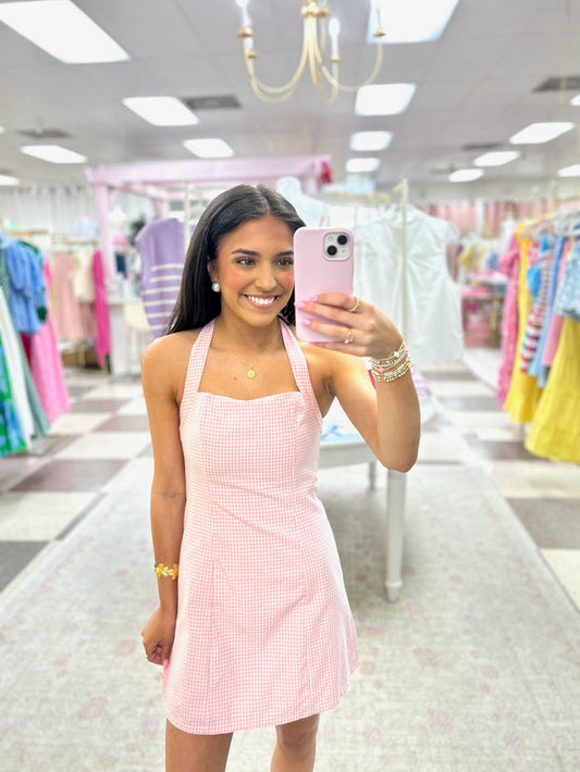 Halter Pink Gingham Mini Dress