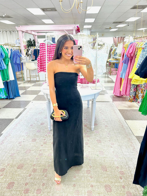 Harper Linen Strapless Maxi Dress (Black)