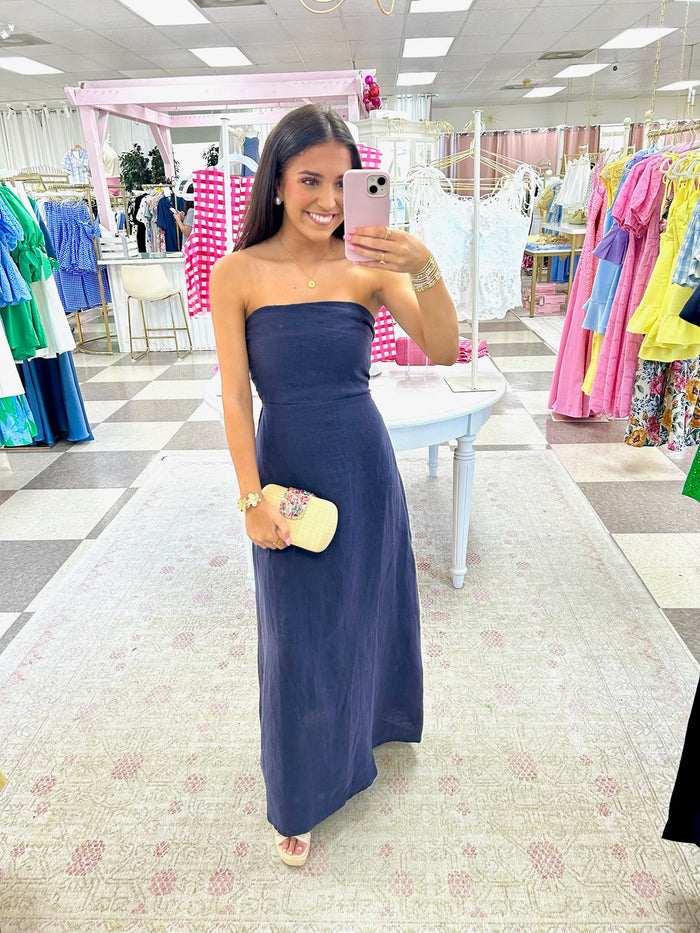 Harper Linen Strapless Maxi Dress (Navy)