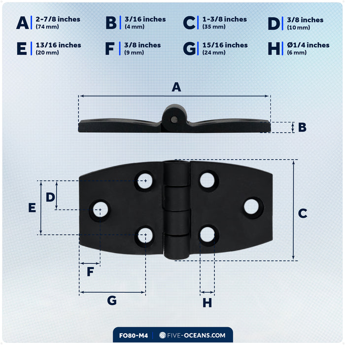 Hatch & Door Hinges 2-7/8" x 1-3/8", Black Nylon, 4-Pack - FO80-M4 - Five Oceans