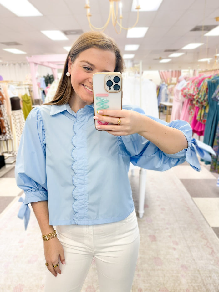 Heidi Scallop and Bow Top " Lt Blue"