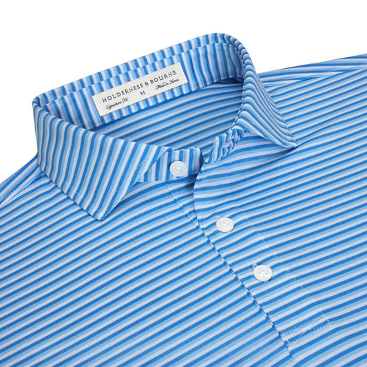 Holderness & Bourne Fleming performance polo in blue and white stripes with a structured spread collar, size medium.