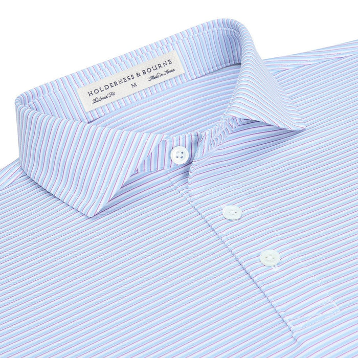 Holderness & Bourne Gresham performance polo in a blue and white striped jersey fabric with a spread collar.