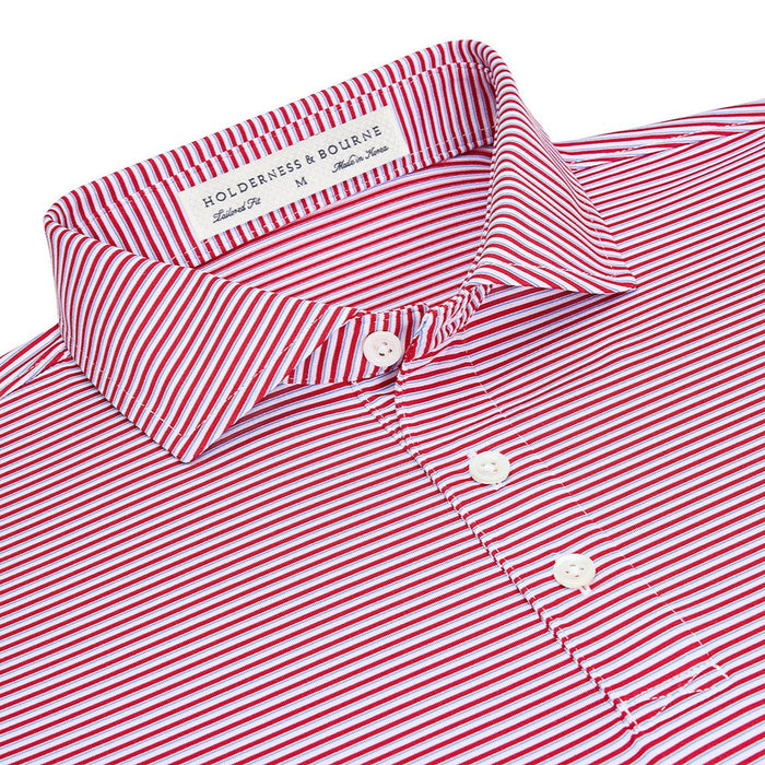 Holderness & Bourne Gresham polo in red and blue stripes with a spread collar and size M tailored fit label.