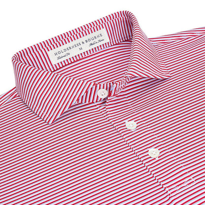 Holderness & Bourne Gresham polo in red and blue stripes with a spread collar and size M tailored fit label.