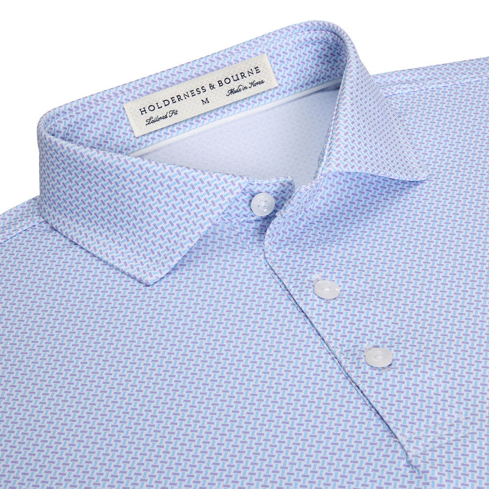 Light blue Holderness & Bourne Norman polo with a geometric basket weave print and structured spread collar.