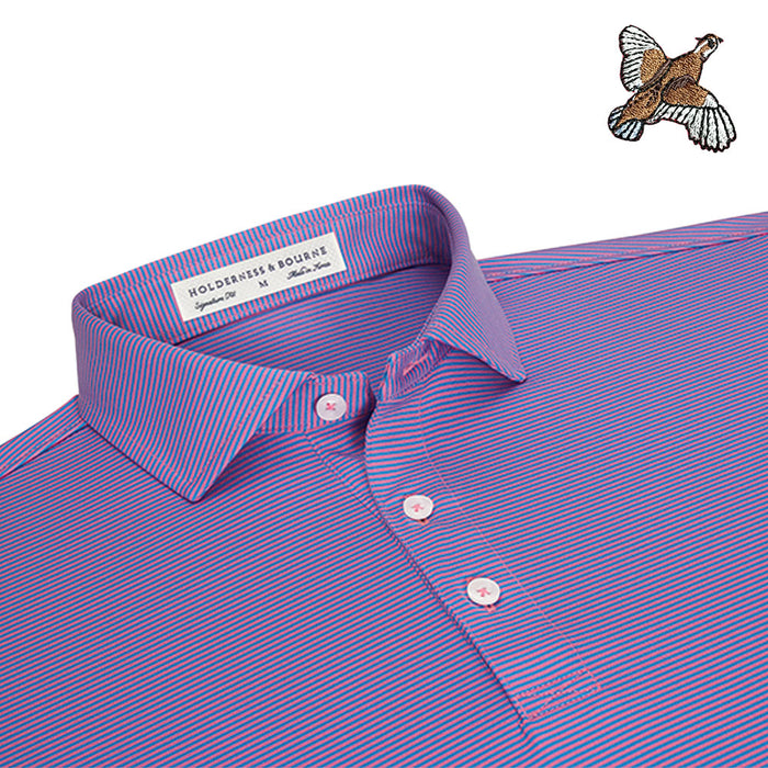 Holderness & Bourne Perkins polo in blue and pink stripes with an embroidered Kevin’s Quail logo.
