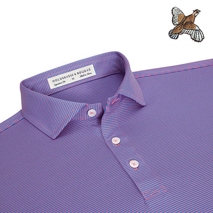 Holderness & Bourne Perkins polo in blue and pink stripes with an embroidered Kevin’s Quail logo.