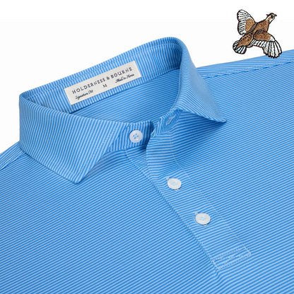 Blue striped Holderness & Bourne Perkins performance polo with Kevin's Quail embroidery and white button placket.