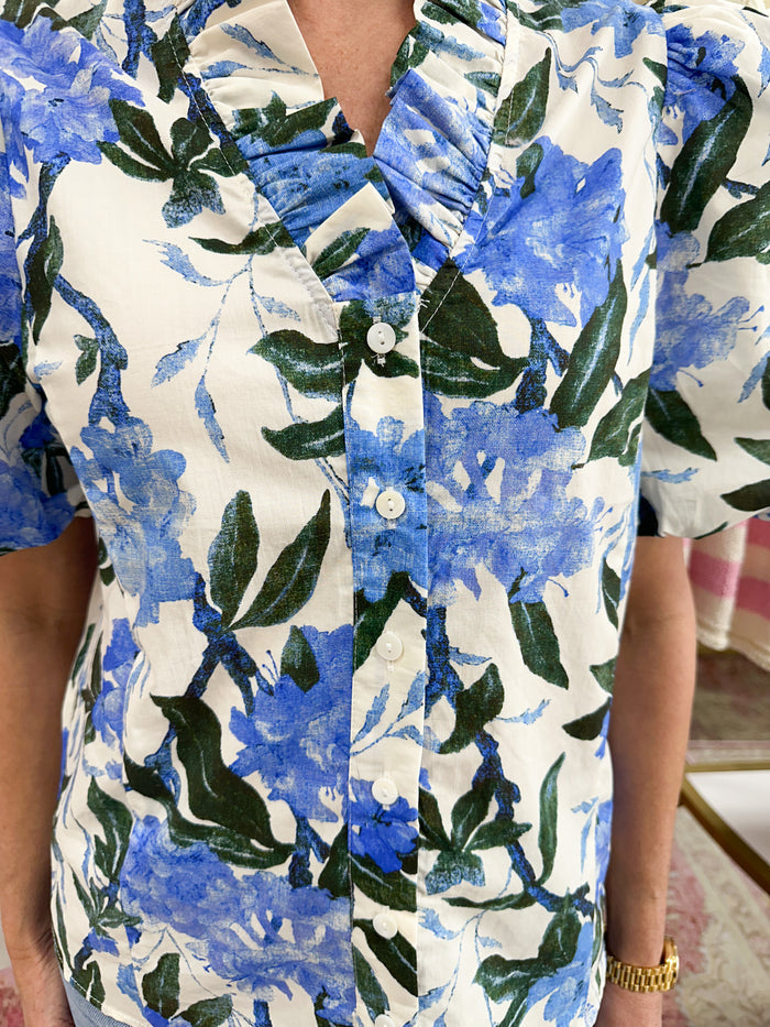 Hydrangea Blue Ruffle Collar Button Down Top