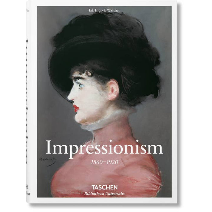 Book cover of 'Impressionism 1860-1920' by Taschen with a painting of a woman wearing a black hat.