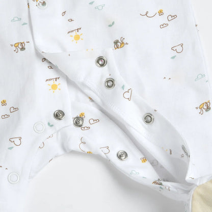 Infants White Printed Front Opening Babysuit