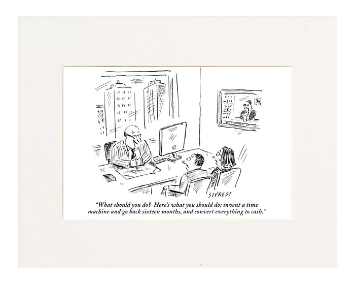 "What should you do? Here's what you should do: invent a time machine, go back sixteen months, and convert everything to cash." (An economic consultant at his desk addresses a couple in his office. )