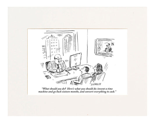 "What should you do? Here's what you should do: invent a time machine, go back sixteen months, and convert everything to cash." (An economic consultant at his desk addresses a couple in his office. )