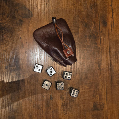 Iron Dice Gift Set — Metal Dice with Large Genuine Leather Pouch | Groomsmen & Men's Gift, Made in USA