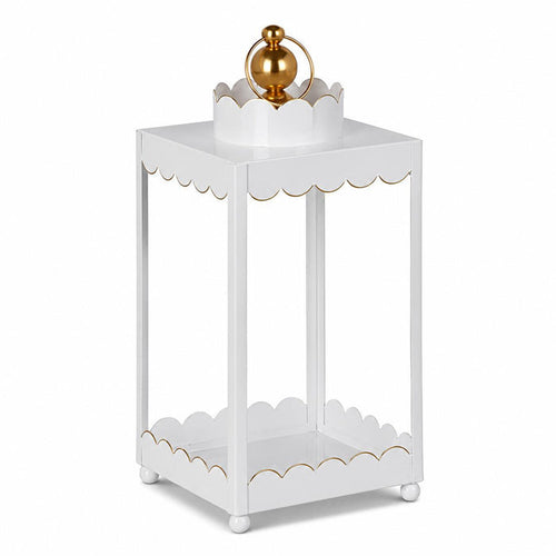 White iron lantern with a scalloped edge design and a decorative gold-tone handle on a white background.