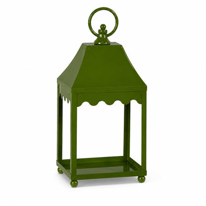 Olive green iron lantern with a scalloped roof edge, ring handle, and ball feet on a white background.
