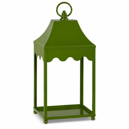 Green iron lantern with a decorative scalloped edge, arched roof, and a circular top handle for hanging.