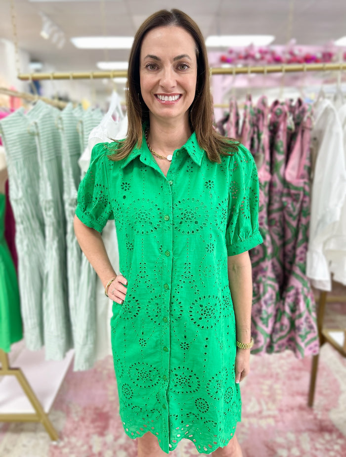 Jan Eyelet Button Down Dress (Green)
