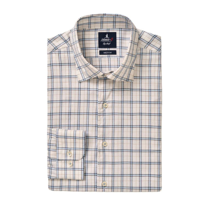 Johnnie-O Beaumont long sleeve button-up shirt in a cream, blue, and tan plaid cotton-Tencel blend with a cutaway collar.