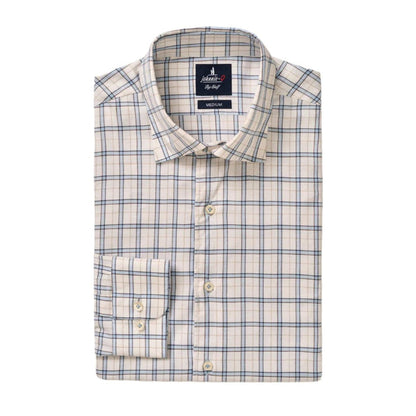 Johnnie-O Beaumont long sleeve button-up shirt in a cream, blue, and tan plaid cotton-Tencel blend with a cutaway collar.