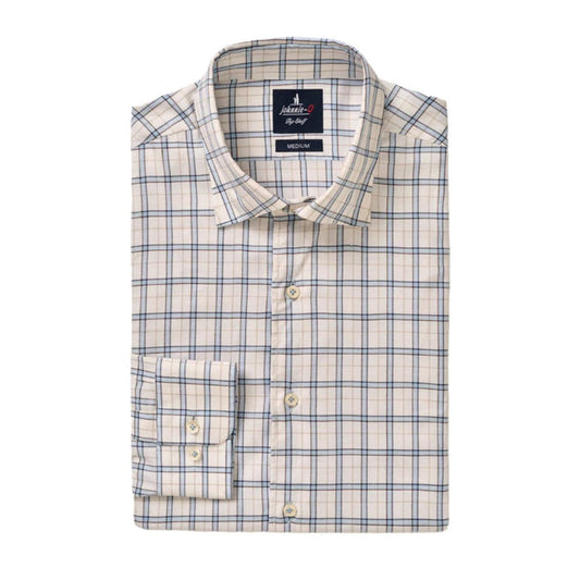 Johnnie-O Beaumont long sleeve button-up shirt in a cream, blue, and tan plaid cotton-Tencel blend with a cutaway collar.