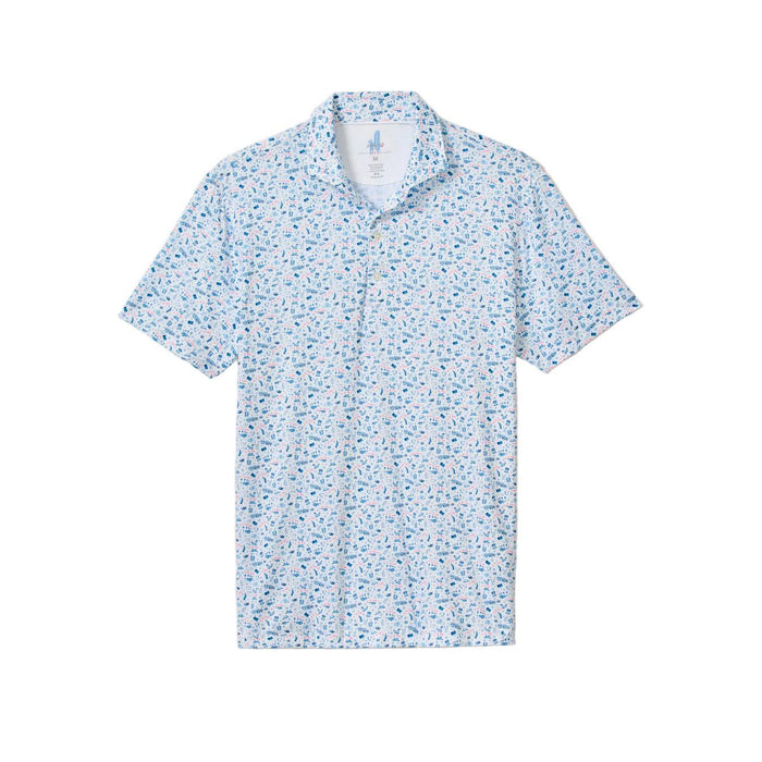 Johnnie-O Jo Merica performance polo in white with a blue and red patriotic novelty print, spread collar, and 3-button placket.