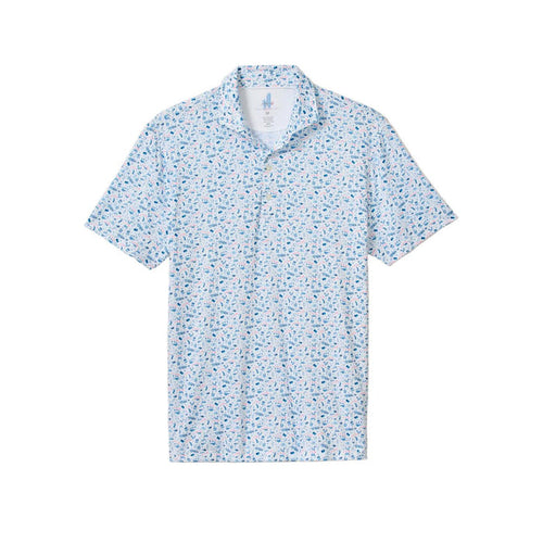 Johnnie-O Jo Merica performance polo in white with a blue and red patriotic novelty print, spread collar, and 3-button placket.