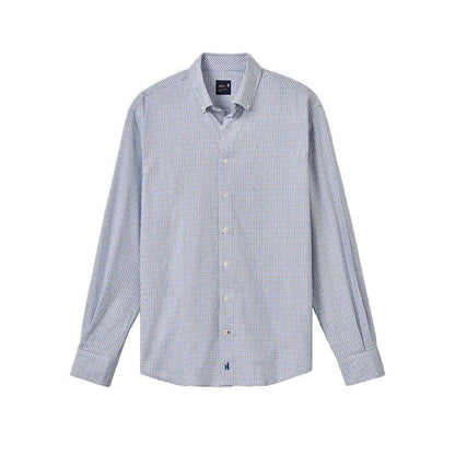 Johnnie-O Koby long-sleeve button-down shirt in a blue and white micro-check pattern with a classic button-down collar.