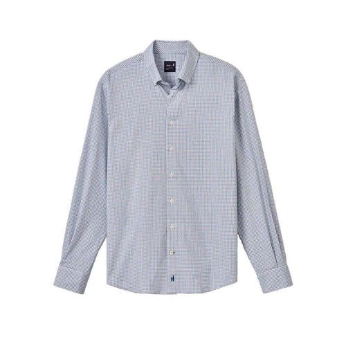 Johnnie-O Koby long-sleeve button-down shirt in a blue and white micro-check pattern with a classic button-down collar.