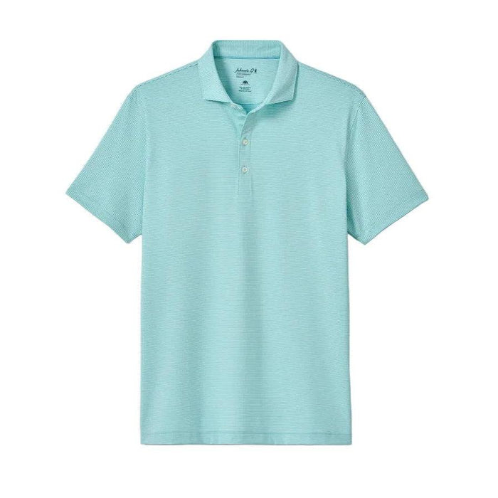 Johnnie-O light blue striped performance jersey polo with a 3-button placket and moisture-wicking stretch fabric.