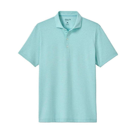 Johnnie-O light blue striped performance jersey polo with a 3-button placket and moisture-wicking stretch fabric.