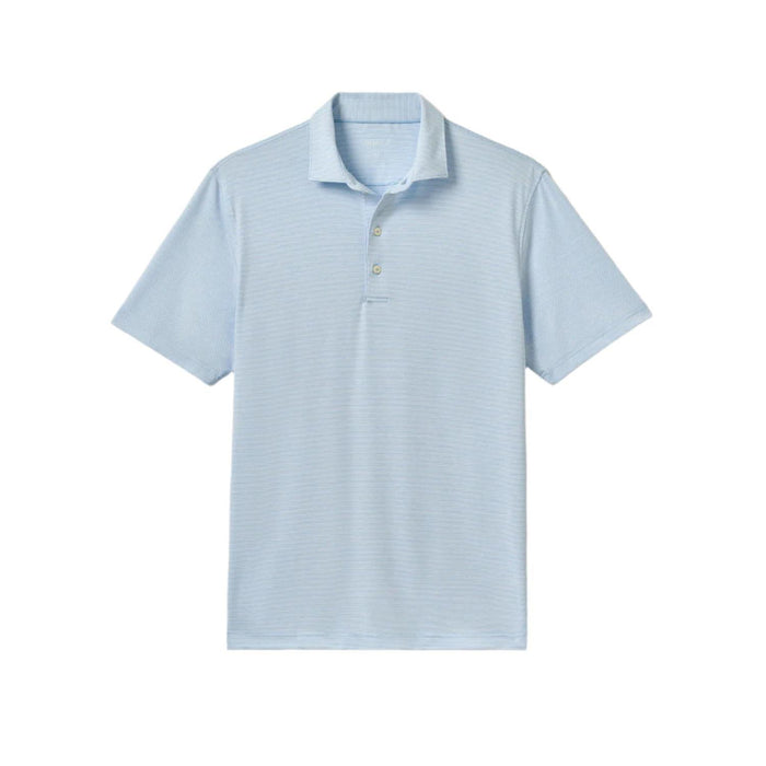 Light blue Johnnie-O performance jersey polo with subtle horizontal stripes, a 3-button placket, and a classic collar.
