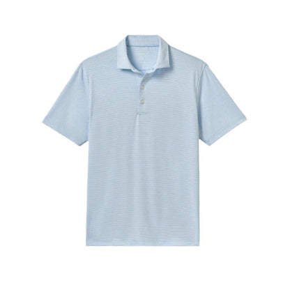 Light blue Johnnie-O performance jersey polo with subtle horizontal stripes, a 3-button placket, and a classic collar.