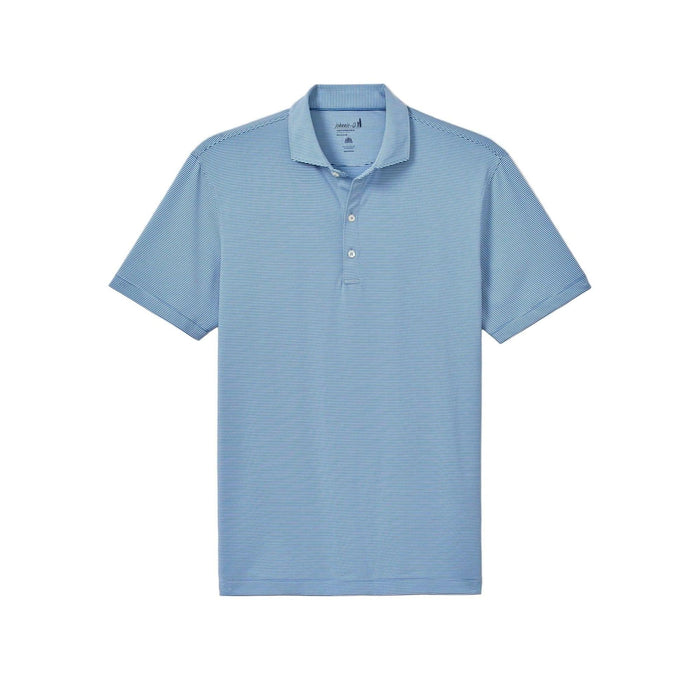 Johnnie-O Lyndonn blue and white striped performance jersey polo with a three-button placket and moisture-wicking fabric.